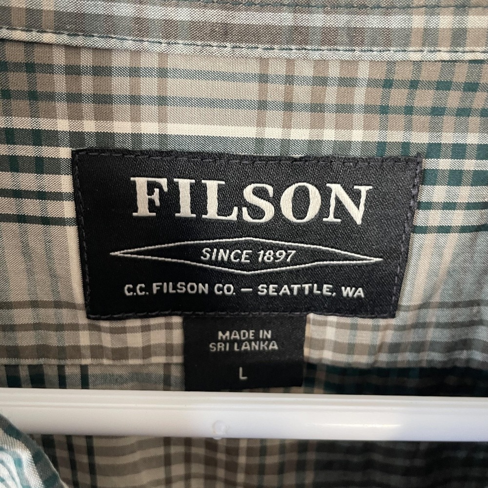 Filson Shirt Mens Large Green Grey Plaid Cotton Short Sleeve Button Up Casual - Picture 3 of 9